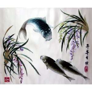 Chinese Hunan Silk Embroidery 3 Fish Flower Koi