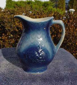 Yellow Ware Blue and White Fishscale Hot Water Pitcher  