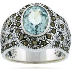   Sterling Silver Marcasite and Genuine Blue Topaz Ring  
