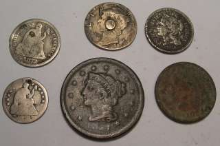   Dime, 1852 Half Dime, 1868 Three Cent Piece & 1900 (?) Liberty Nickel