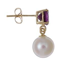 14k Yellow Gold Freshwater Pearl and Amethyst Earrings (7.5 8 mm 