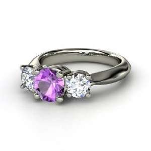   Ring, Round Amethyst 14K White Gold Ring with Diamond Jewelry