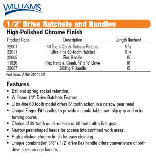 JH WILLIAMS 1/2 DRIVE RATCHET, ULTRA FINE, CHROME  