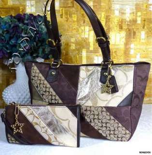 NWT COACH BROWN SIGNATURE VERY RARE PATCHWORK LEATHER TOTE BAG PURSE 