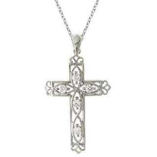 Diamond Filigree Cross Pendant Necklace 14k White Gold  