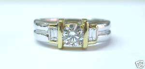 Fine 18KT Round Cut & Baguette Diamond Ring Two Tone  
