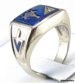 Master Mason RING   10k White Gold *Blue Stone* Masonic Diamond  