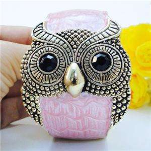 VTG Style Bird Owl Bracelet Bangle Cuff Rhinestone Pink Enamel  