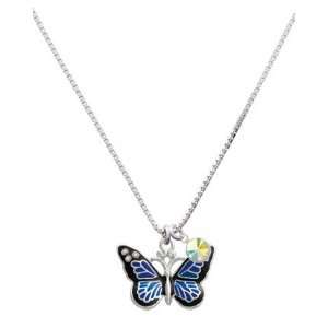 Large Blue Butterfly with 6 AB Swarovski Crystals Charm Necklace with 