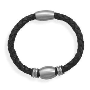  8 Black Leather Bracelet with 3 Stainless Steel Beads Mens Men 