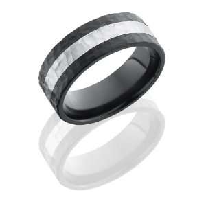 Zirconium and Silver, Hammered Wedding Band Sterling Silver Inlay (sz 