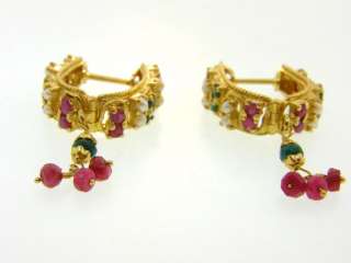 Ruby, Emerald & Pearl Solid 22K Yellow Gold Earrings  