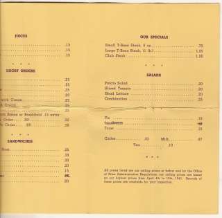 Cafe Menu Dixie Grill Congress Ave. Austin Texas 1943  