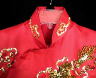 Custom Beaded Chinese Red Gold Dragon Cheongsam Dress  