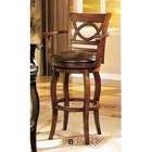   brown finish wood swivel bar stool with arms and bycast leather seat