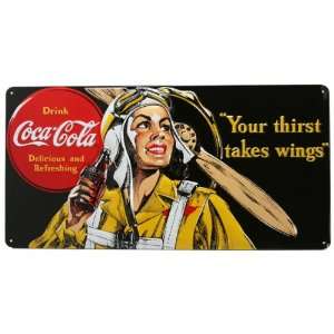 Drink Coca Cola Coke Aviator Woman Your Thirst Take Wings Embossed Tin 