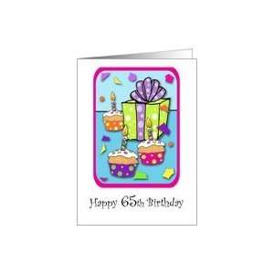  65 Years Old Lit Candle Cupcake Birthday Card Confetti 