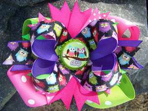 OWLS PERSONALIZED NAME HOT PINK LIME BOTTLECAP HAIRBOW  