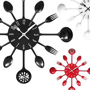 Cutlery Kitchen Utensil Wall Clock Spoon Fork Ladel Clock In Black Red 