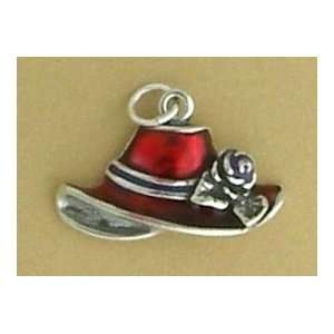 Sterling Silver Charm, Ladies Hat w/Red/Purple Enamel, Flower, 7/8 in 