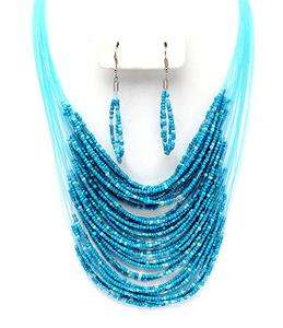 MULTI BLUE TURQUOISE MULTI LAYER SEED BEAD 40 STRING NECKLACE EARRING 