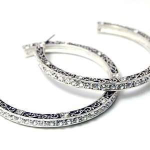  Silvertone Clear Crystal Floret Design 2 Hoop Earrings Fashion 