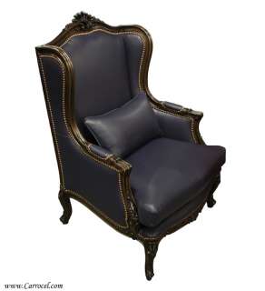   Office Carved Blue Leather Living Room Wing Parlor Arm Chair  
