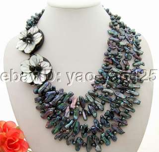 Excellent 4Strds Pearl&Biwa&Onyx&Shell Flower Necklace