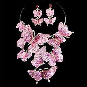   Butterfly Necklace Earring Set Swarovski Crystal Pink Choker Insect