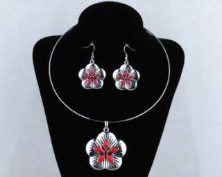 Tibet silver red turquoise plum blossom choker necklace&earrings one 