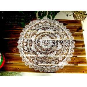 Vintage Handmade Bobbin Lace White Round Table Cloth  Butterfly 