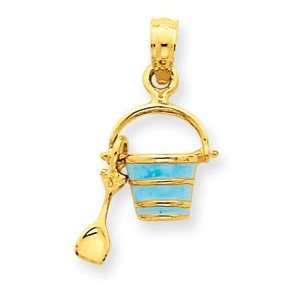   Designer Jewelry Gift 14K Aqua Enameled Beach Pail W/Shovel Pendant