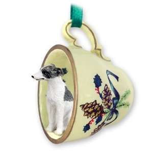 Whippet Green Holiday Tea Cup Dog Ornament   Gray & White 