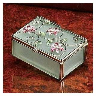  Glass Jewelry Trinket Box with Purple Butterfly & Flowers 