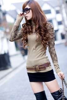   Womens High Collar Lace Puff Sleeve Lady Tops T shirt 4863#  