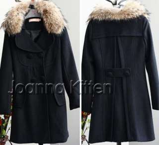New elegant Double breasted Womens Winter Wool long Coat Jacket fur 