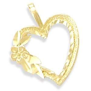  14K Yellow Gold Heart Flower Rose Charm Pendant Elegant Jewelry