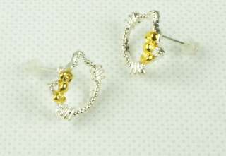 Hello Kitten Silver Alloy Gold Bow Cute Cat Stud Earrings Girl Women 