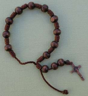 Wood Beads & Cord Wrist ROSARY with Metal Crucifix  