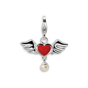 Amore LaVita(tm) Sterling Silver 3 D Winged Red Heart FW Cult Pearl w 