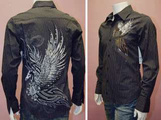 MEN Dress Shirt,Horse w/Wings w/Rhinestone Stripe Bk L  