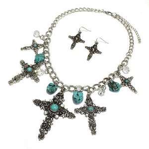 Fashion Necklace Set; 18L; Burnished Silver Metal; Turquoise Stones 