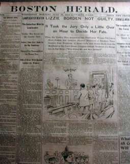 1893 Boston newspaper LIZZIE BORDEN MURDER TRIAL  is NOT GUILTY Fall 
