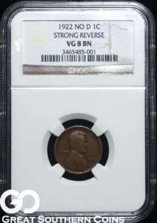 1922 D NGC PLAIN Lincoln Cent Penny NO D VG 8 BROWN ** STRONG 