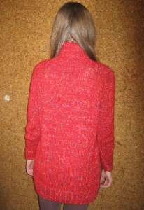 Hand knitted wool new sweater fire red streaked with golden and blue 