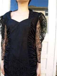 vintage 80s black sheer LACE puff sleeve party Cocktail ruched DRESS 