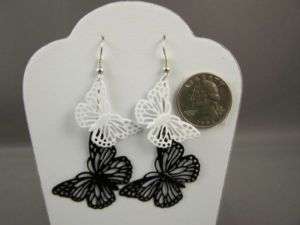 White black butterfly filigree long dangle earrings NEW  