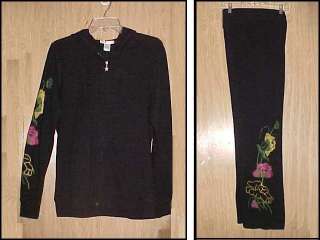   2pc Set Jacket Pant Black French Terry Floral Hoodie Pkts NWT  
