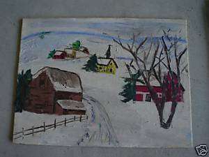 Original 1952 Oil Painting Winter Church & Houses LOOK  