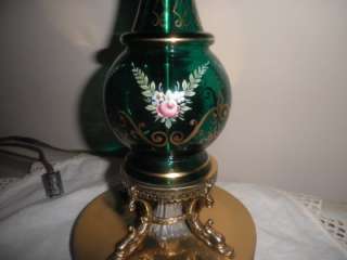   Bohemian Guilded Green Art Glass lamp w/ painted Roses dolphin base